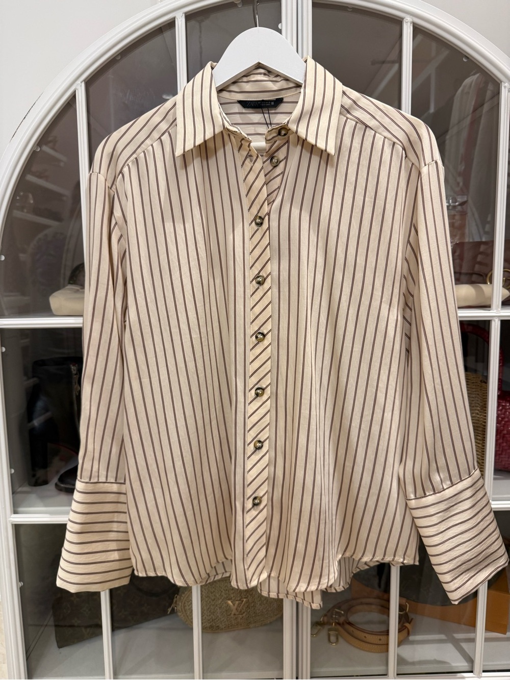 Zara Cream Shirt with Brown Pinstripes w/Unique Button Cinch